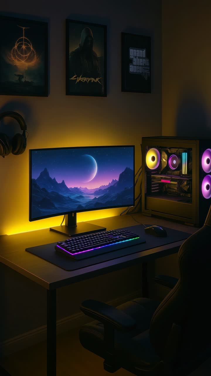 A moody, low-angle shot of a gaming setup with neon lights, featuring a PC and monitor displaying