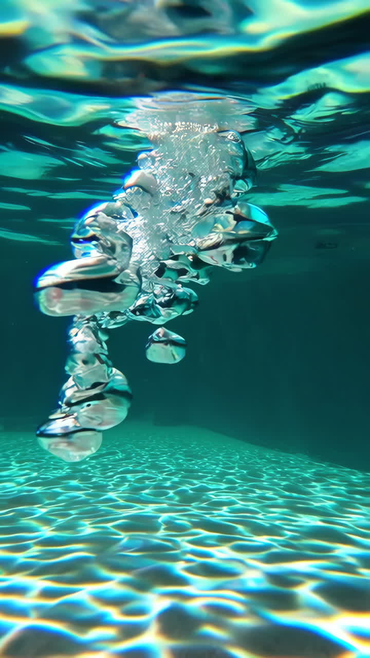 Underwater View of Rising Bubbles in a Clear Pool