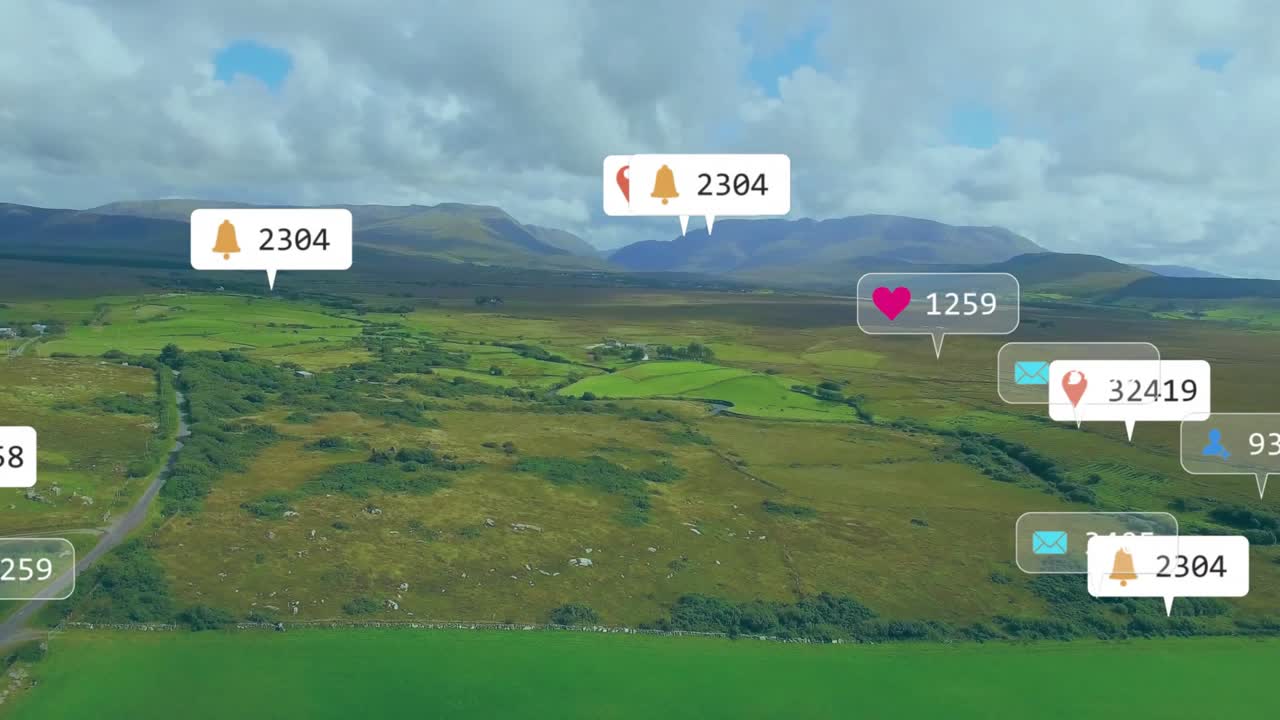 Aerial meadow view initiating floating notification bubbles clustering, shifting to show engagement