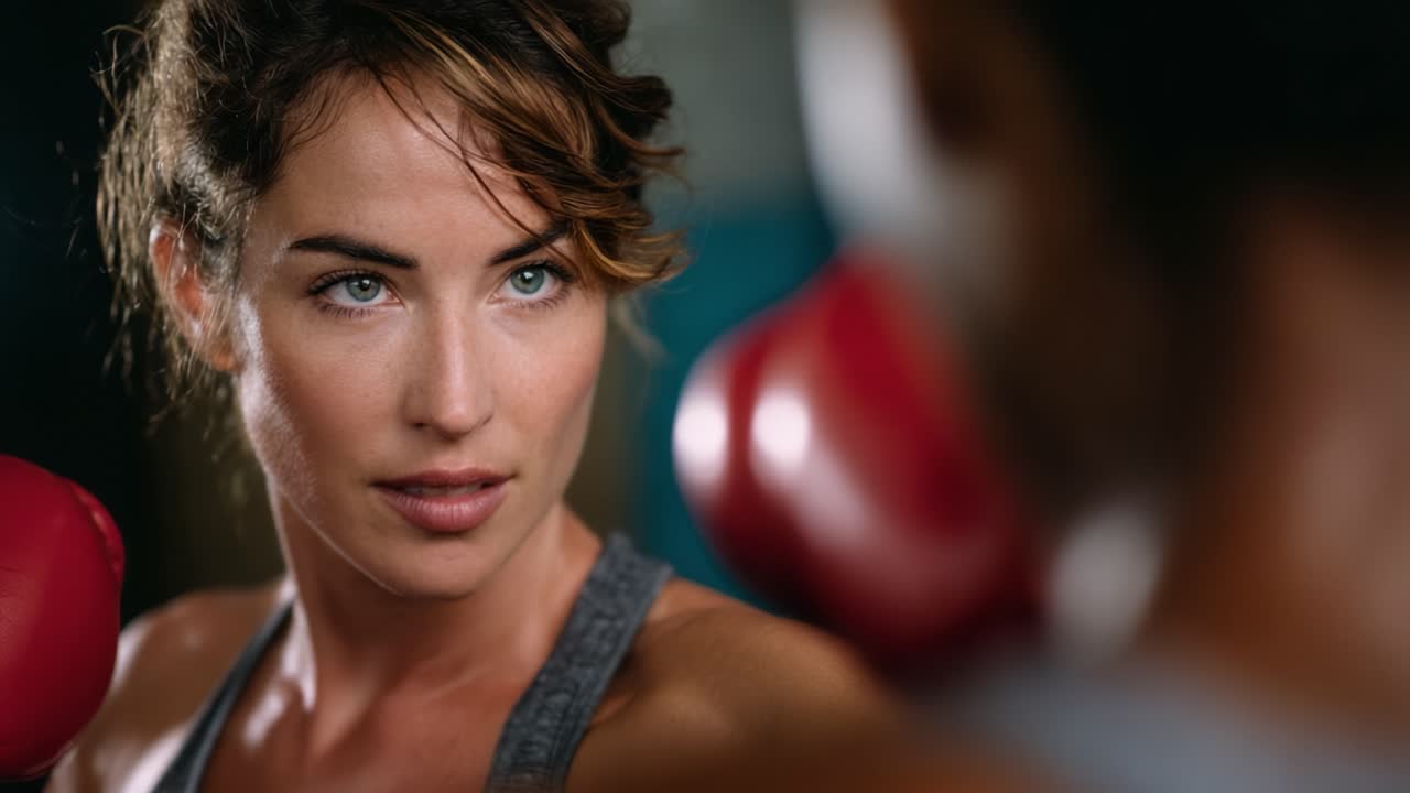 Massima concentrazione: primo piano di una donna con guantoni da boxe che si prepara per un incontro, catturando la determinazione e la forza nella sua espressione e postura