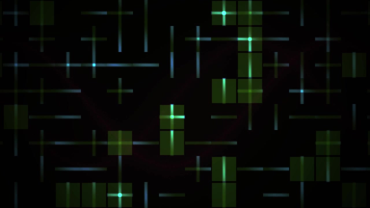 Abstract Digital Background with Glowing Green Squares and Blue Crosses