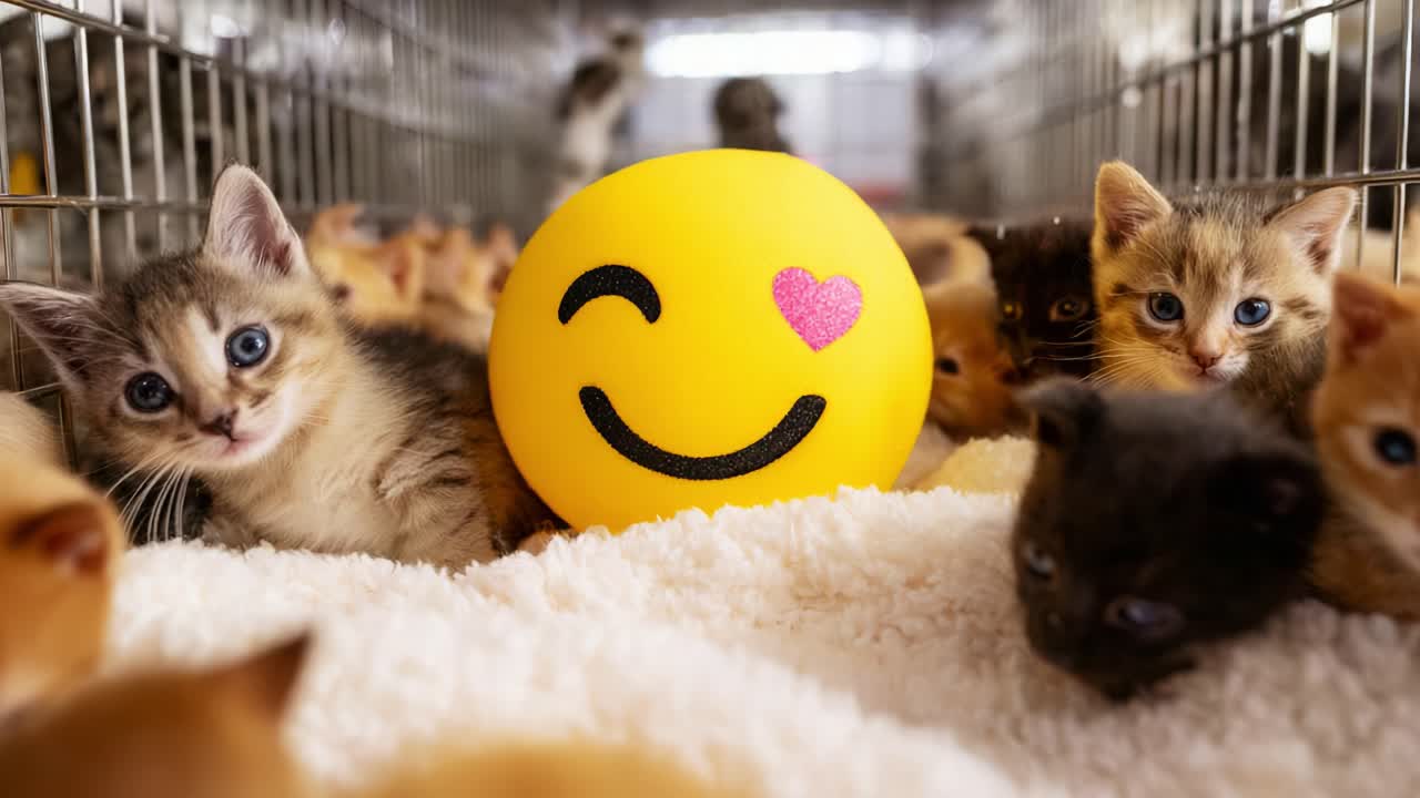 Adorable Kittens Gather Around a Bright Yellow Emoji Smiley Face in a Cozy Fur Lined Cage, Creating an Atmosphere of Playfulness and Joy for Animal Lovers Everywhere