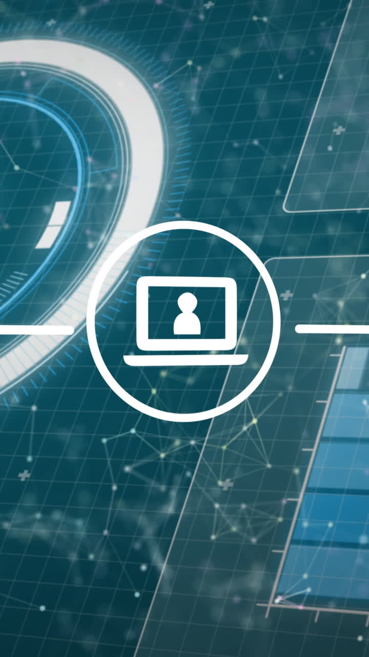animación de iconos con red de conexiones y pantallas de procesamiento de datos