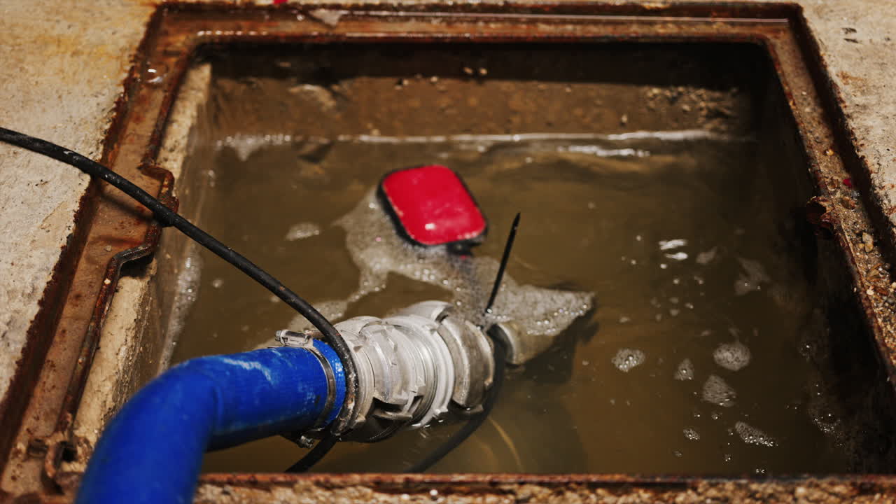 Close-up shot of a sump pump system operating inside a concrete utility pit partially filled with murky water
