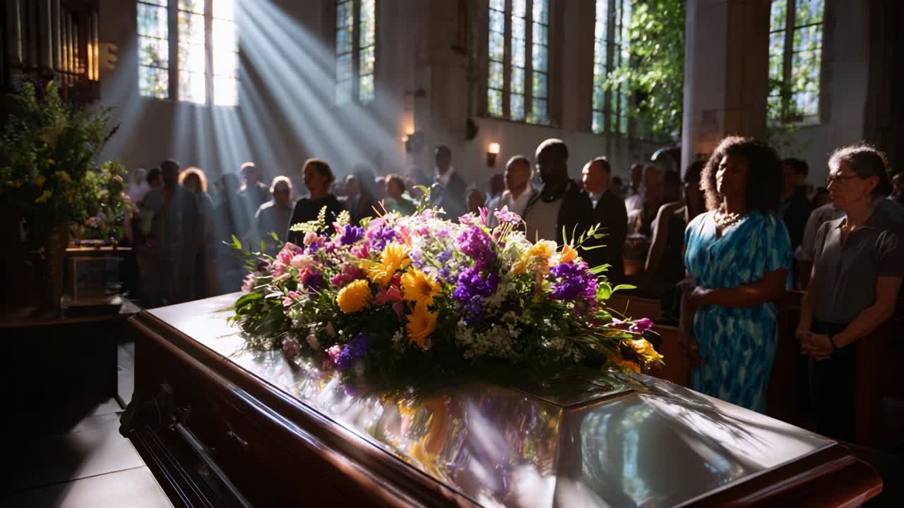 Una solenne riunione in cui familiari e amici porgono i loro omaggi a una bara splendidamente adornata, circondata da vivaci composizioni floreali, in un ambiente tranquillo e illuminato dal sole all'interno di una chiesa.