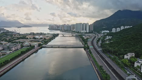 beautiful drone view of shing mun river in shatin, hong kong