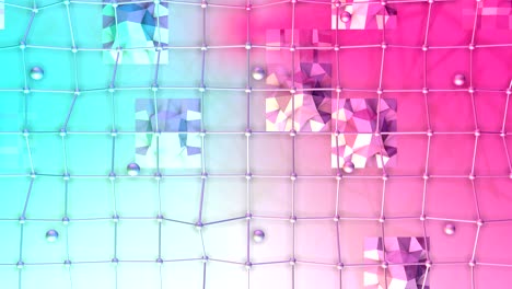 superficie baja de poli 3d con cuadrícula o malla voladora y esferas móviles como entorno de lujo. fondo de poli bajo geométrico de polígonos rojos azules puros. fondo de bucle sin costuras 4k fullhd