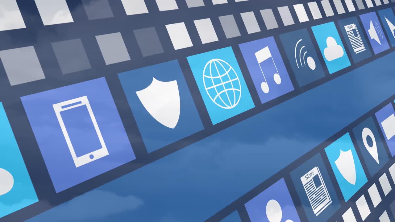 배경의 밀집된 구름 위에 사각형과 여러 아이콘의 애니메이션