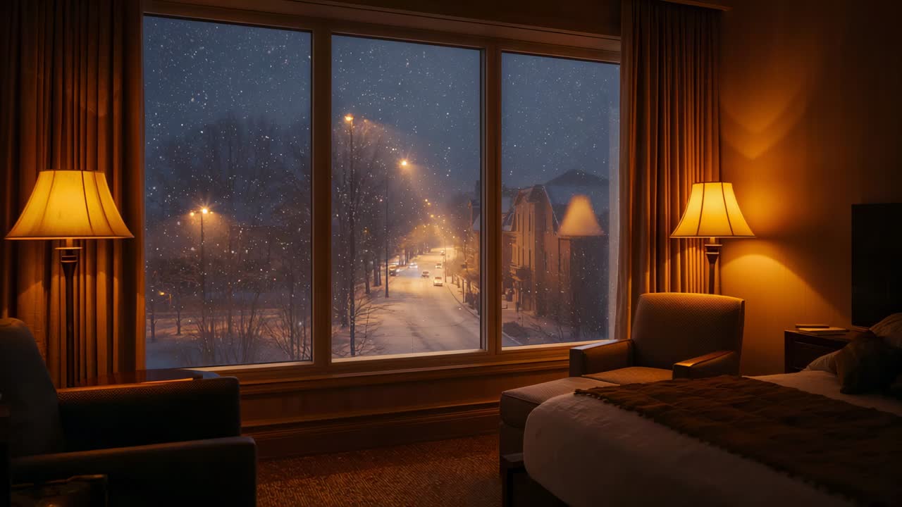 Snow beginning drifting past three-pane window in guest room, lamps reflecting, piling on street