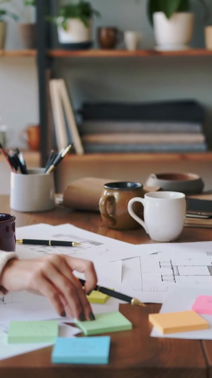 Vertical video: Moving hand in knit sleeve arranging sticky notes on studio desk, reviewing plans