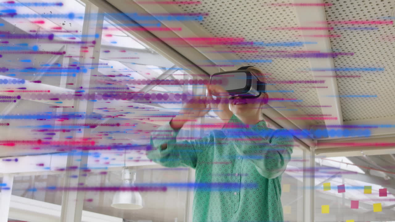 Using VR headset, person experiencing colorful animation in modern school space