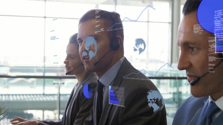 Animazione dell'elaborazione dei dati finanziari su diversi uomini d'affari in ufficio