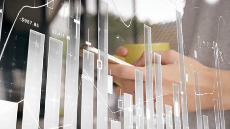 animation of statistics and data processing over man using smartphone