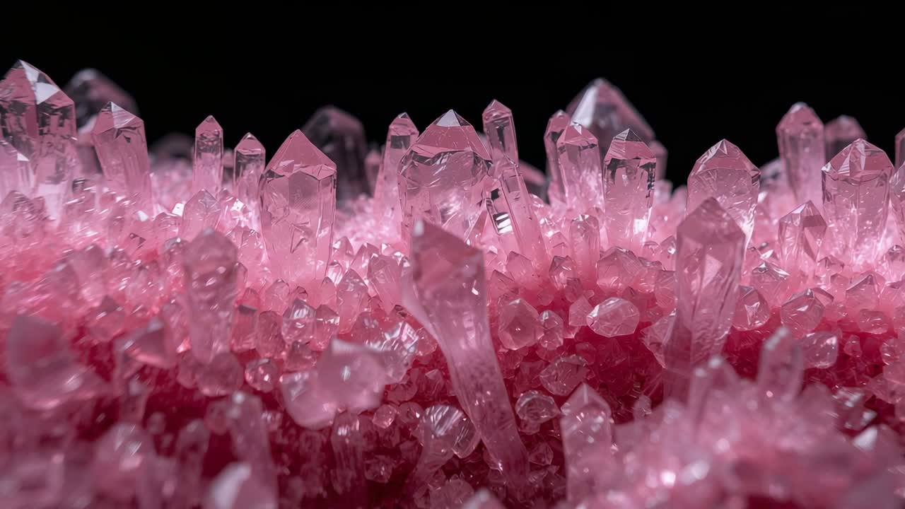 Shifting camera bringing pink crystal cluster into focus in studio, revealing specular highlights