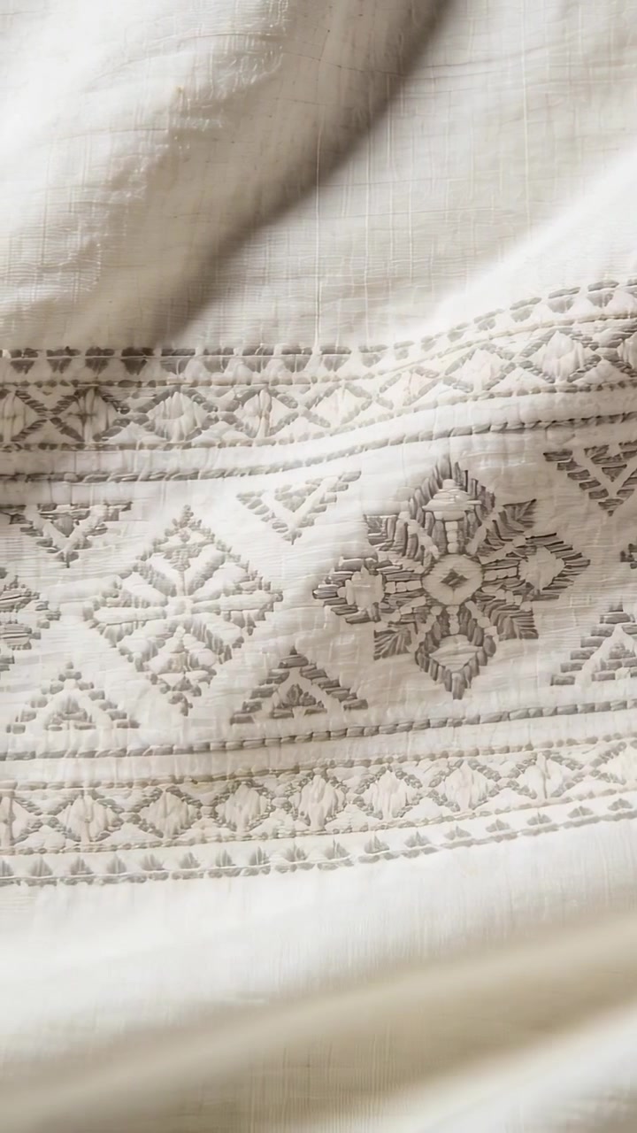 Video verticale: Telecamera in movimento che mostra un tessuto color crema su un letto, centrando motivi a fascia ricamati.