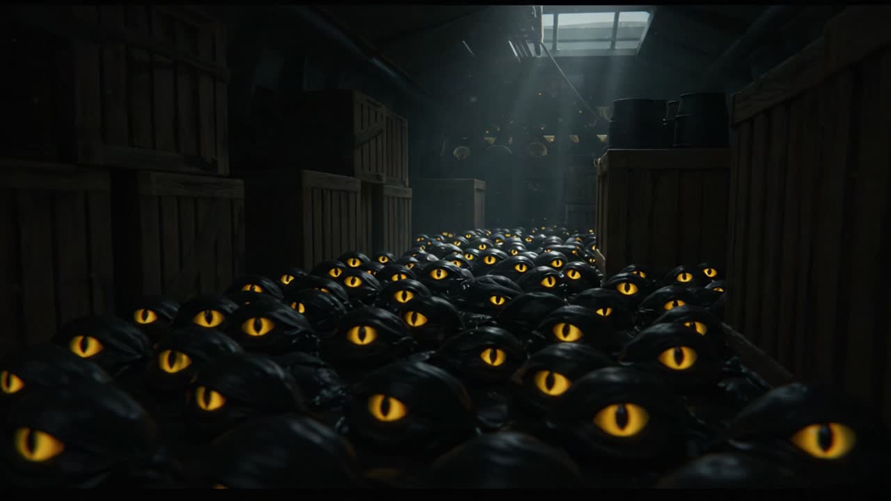 A Mystical Gathering of Creatures with Glowing Yellow Eyes in a Dimly Lit Warehouse, Surrounded by Shadows and Intrigue