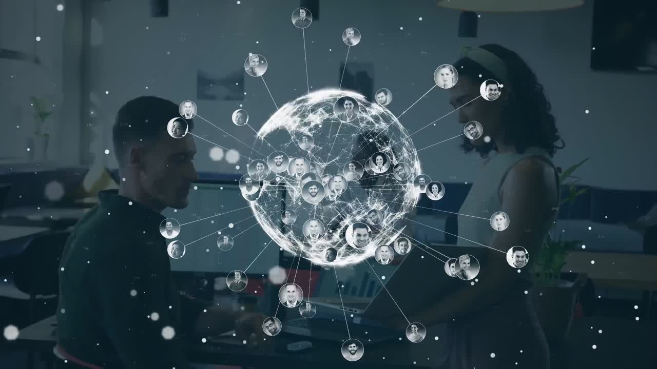 사무실 에서 다양한 사업가 들 위 에 있는 아이콘 들 을 가진 지구촌 의 애니메이션