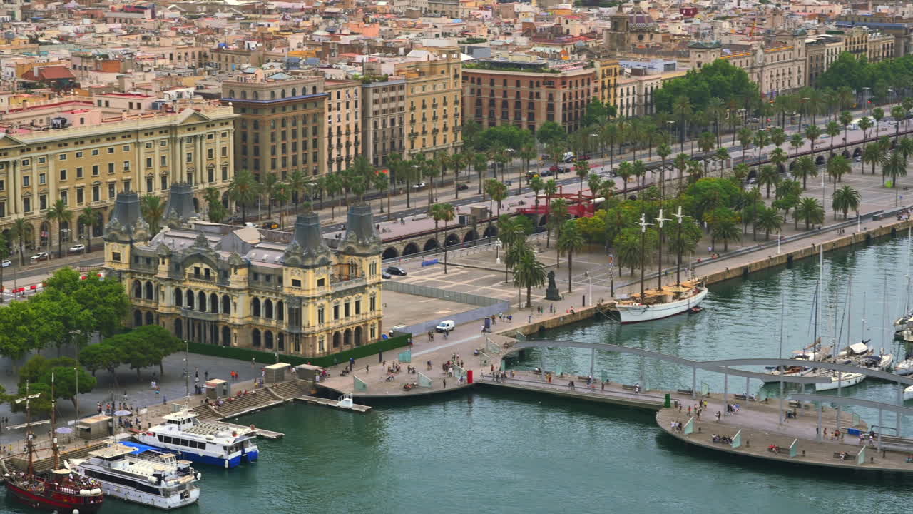 Aerial drone view of the Junta d'Obres del Port building in Barcelona, Spain