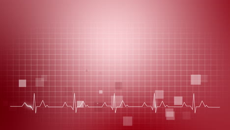 animated heart beat line cardiogram on red background with grid and flying squares. looped medical screensaver with copy space.