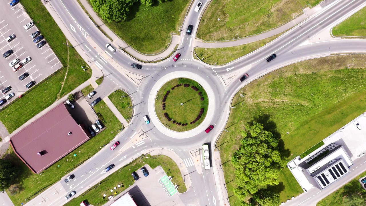 Top down view of roundabout, urban streets, surrounding buildings
