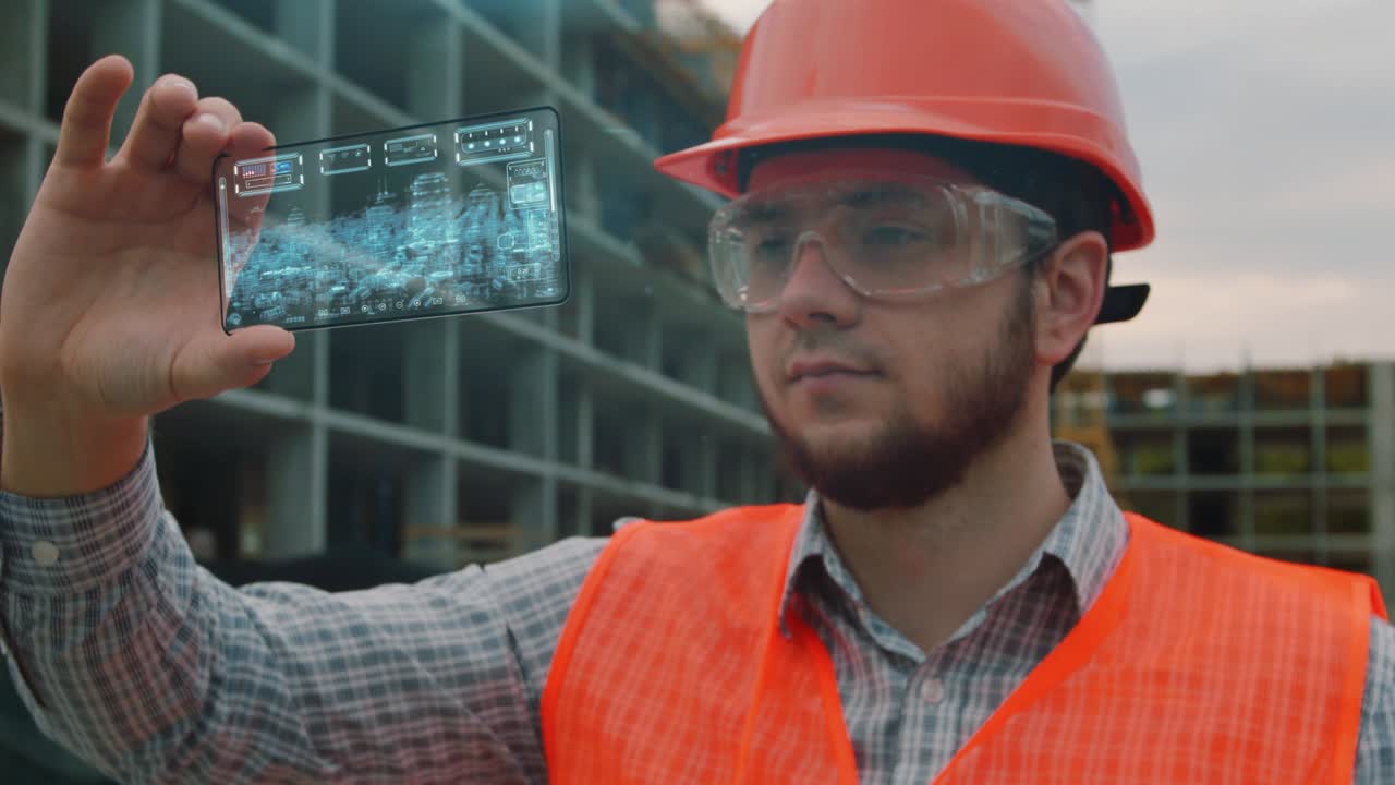 Architect or Engineer using smartphone transparent hologram digital display applicatiion in front of building under construction. Technology, people.