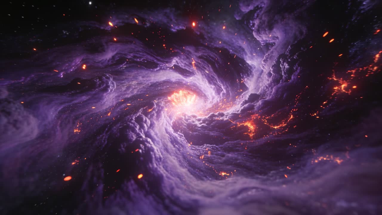 Rotating central spiral nebula revealing bright core in deep space, sending embers along filaments