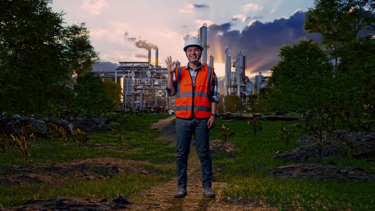 Full Body Of Asian Male Engineer With Safety Helmet Smiling And Showing Okay Gesture To The Camera While Standing In Front Of Oil Refinery