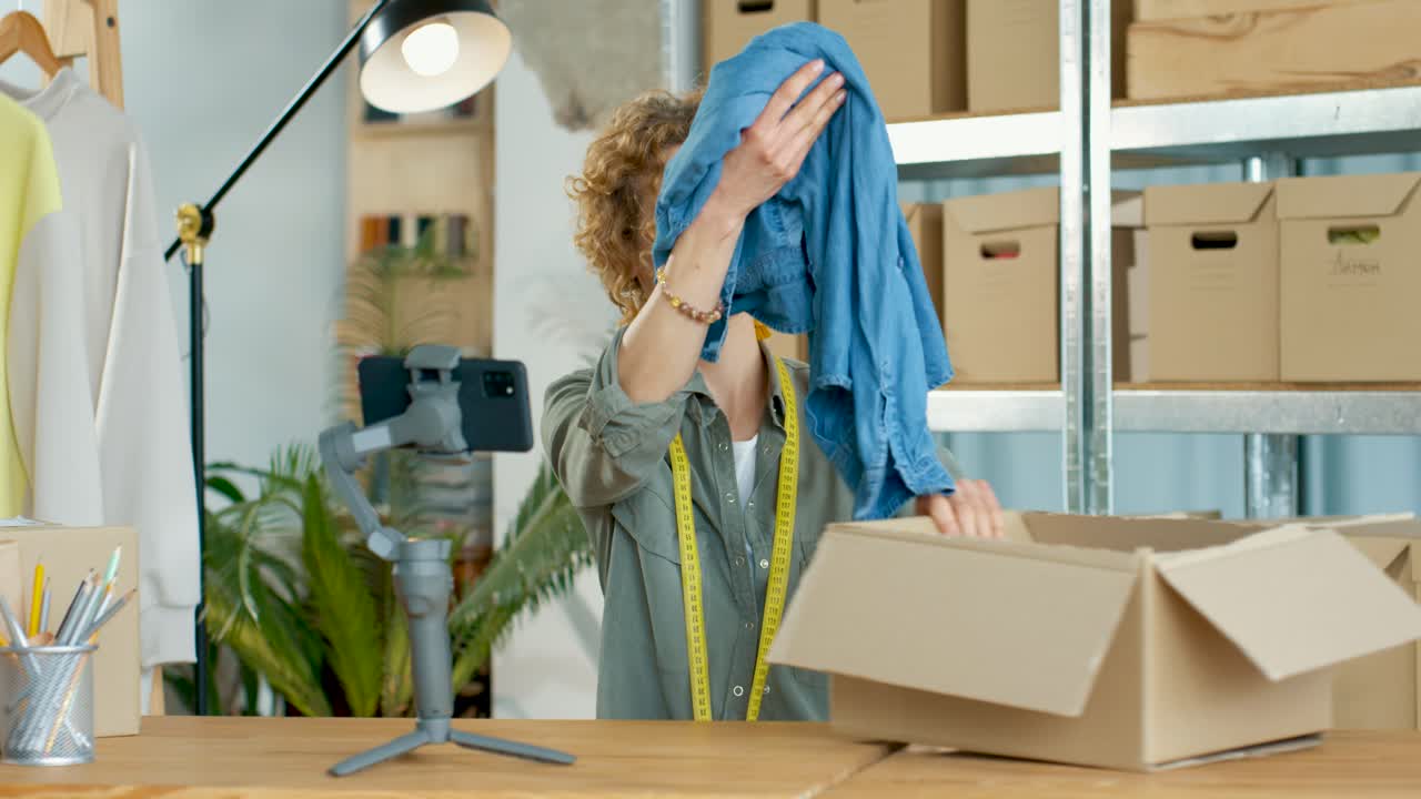 Caucasian young woman speaking recording video for fashion blog on smartphone camera sitting in own clothing shop studio unpacking parcel showing clothes, designer concept