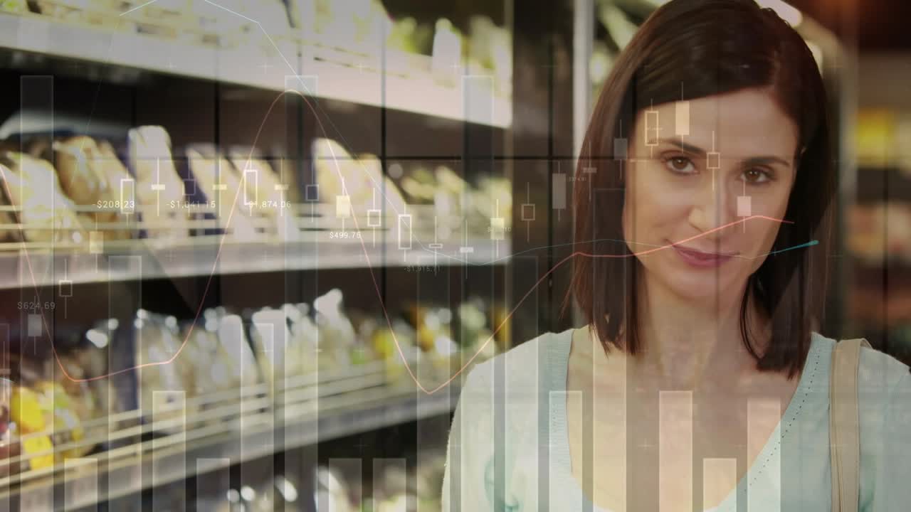 Woman checking list, scanning shelves and selecting item for grocery while charts overlaying