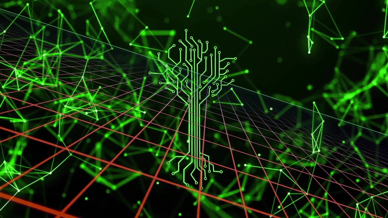 Red grid receding spawning neon-green circuit tree rising, network pulsing, showing growth