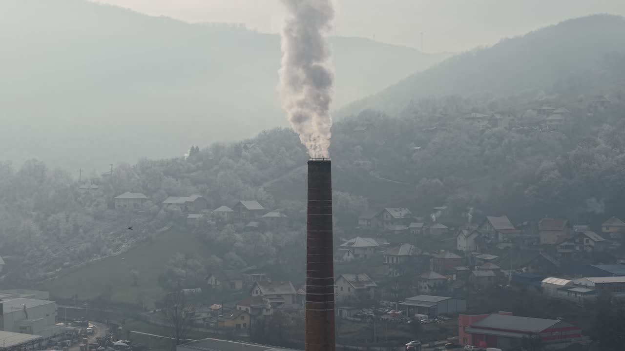 Drone Shot of Toxic Smoke and Chimney of Metallurgical Factory on Misty Autumn Day