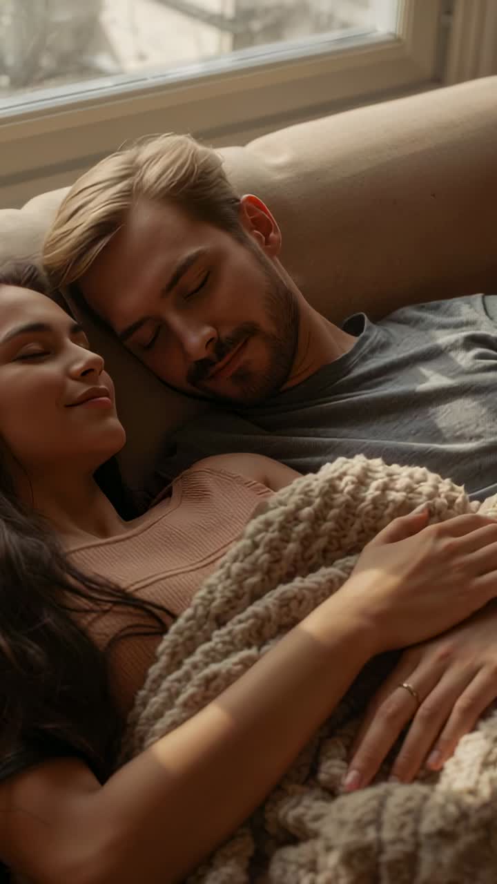 Vertical video: Cuddling couple on sofa by window, camera rising, woman in tank top holding blanket