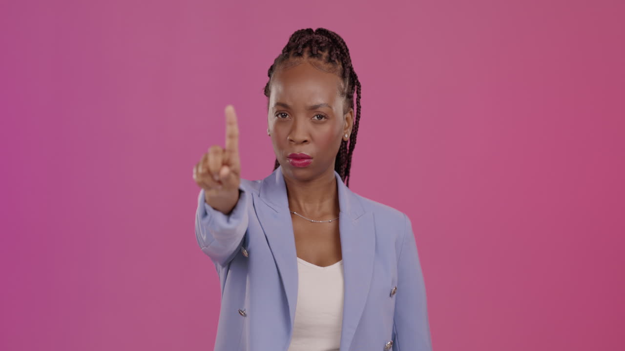 Hand gesture, no and finger with a black woman