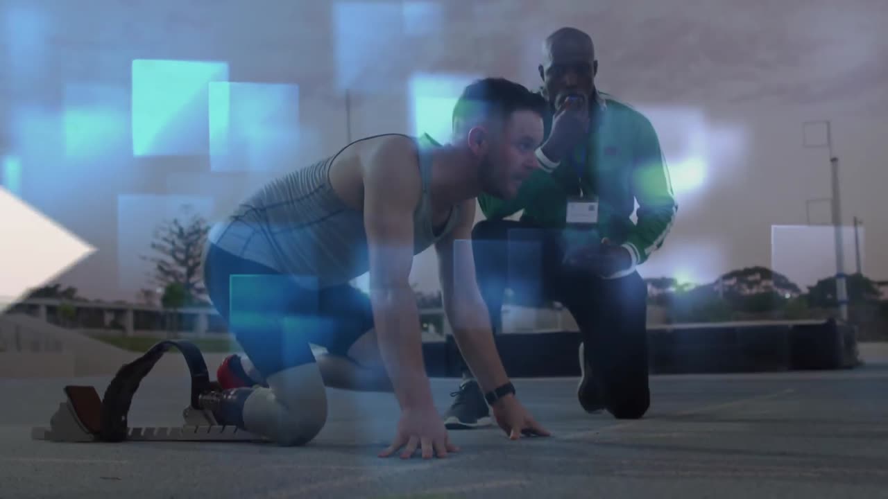 animación de flechas moviéndose sobre el hombre caucásico con cuchilla de correr y su entrenador afroamericano