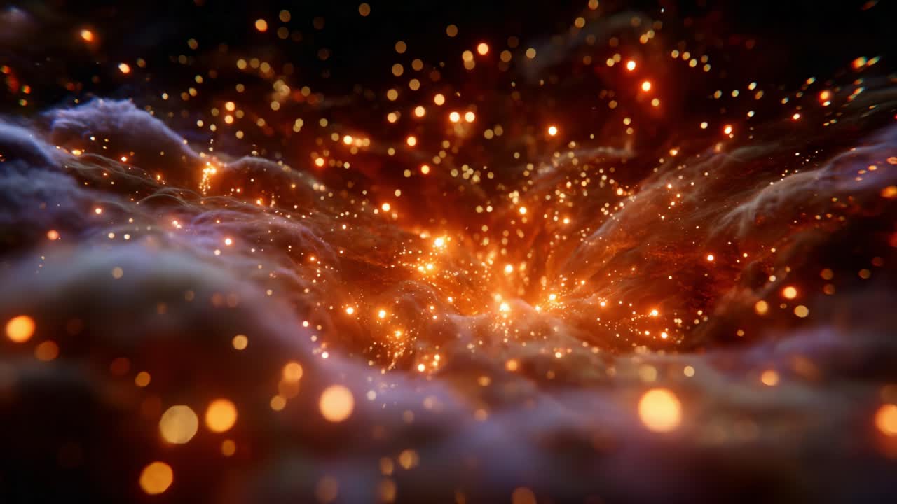 Un'ipnotica esplosione cosmica catturata in vivaci tonalità di arancione e oro, che illumina le nuvole vorticose e la vibrante polvere di stelle in una straordinaria rappresentazione celestiale