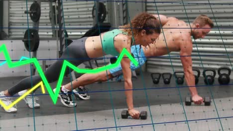 Animation-of-graphs-moving-over-caucasian-fit-couple-performing-exercise-with-dumbbells-at-the-gym