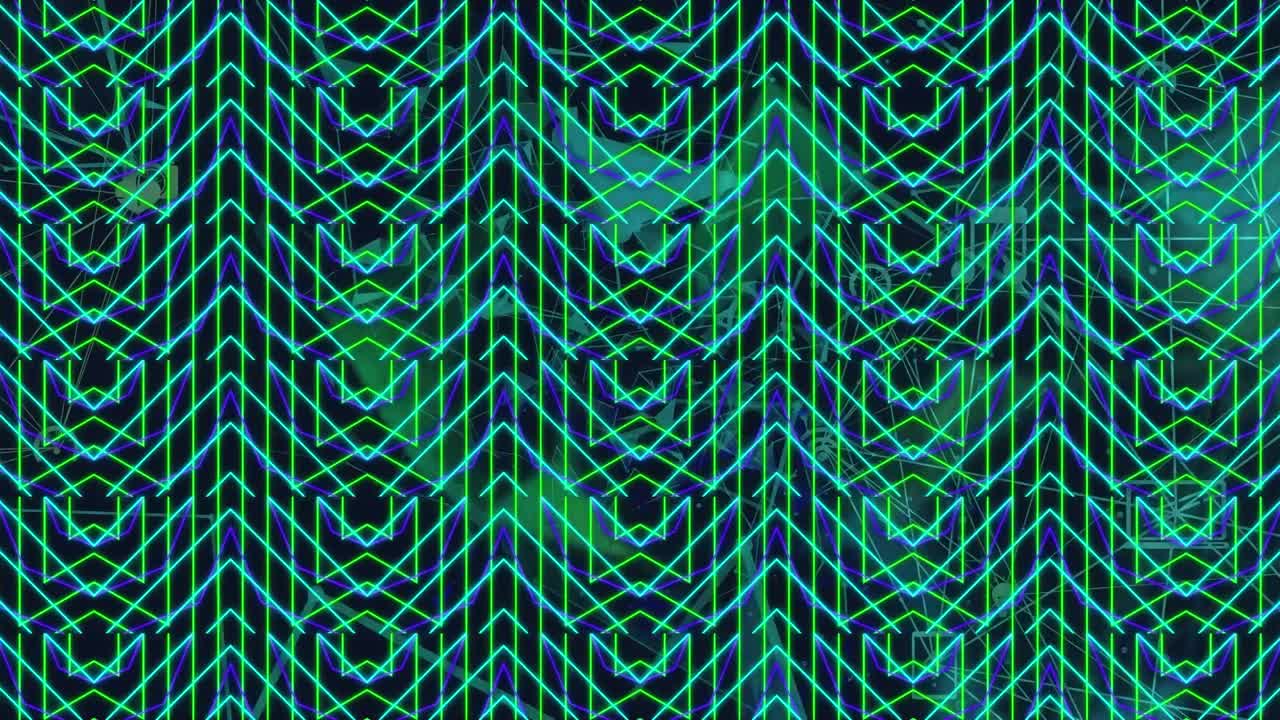 Animation of connections and kaleidoscopic geometrical shapes over black background