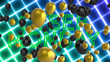 animation of green text cyber monday, with black and gold balloons over moving neon grid