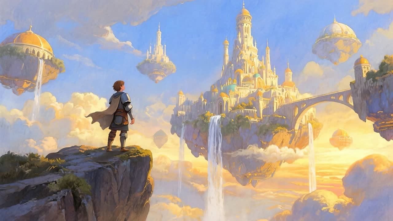 Knight contemplating a floating city