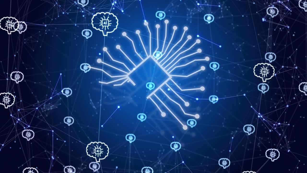 Animation of ai data processing over connections with icons