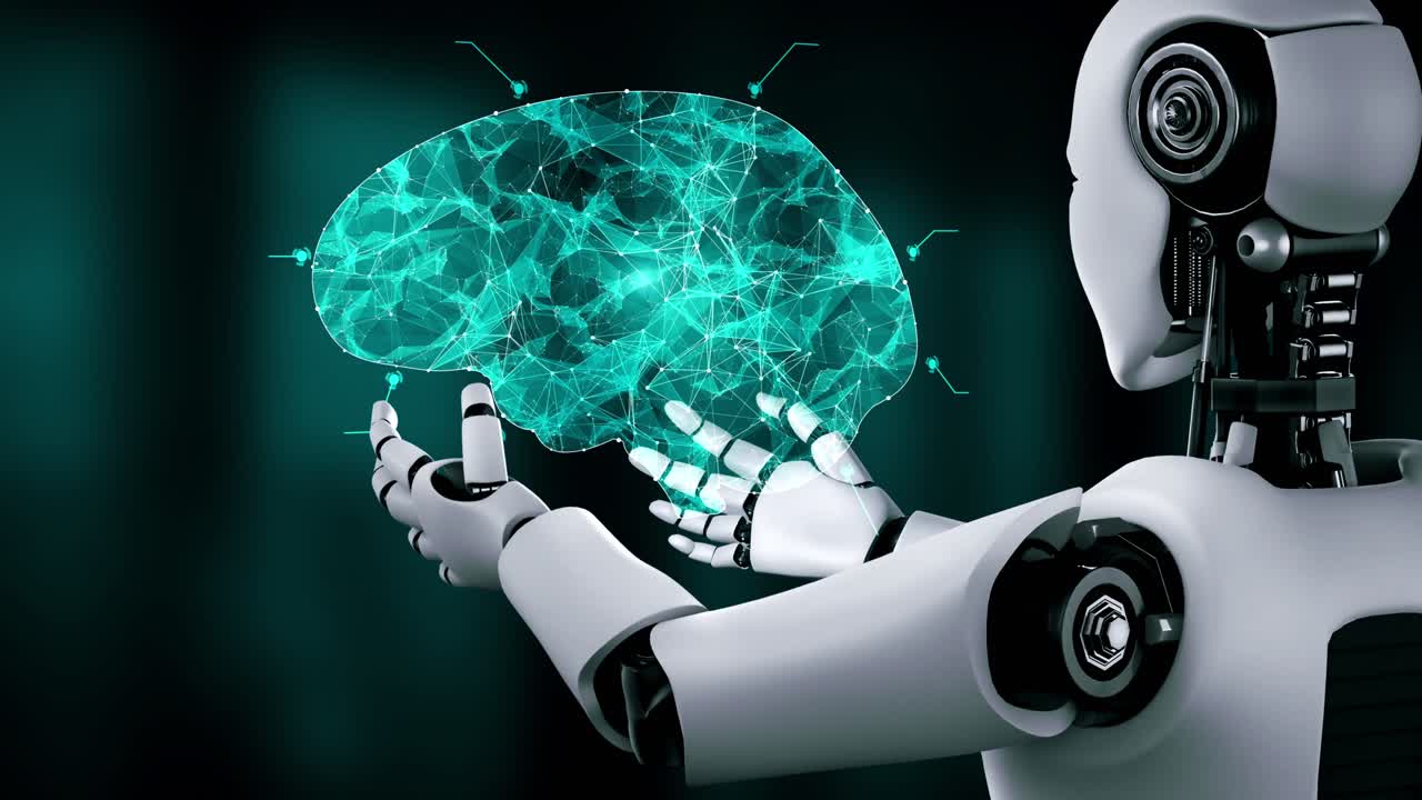 AI hominoid robot holding virtual hologram screen showing concept of AI brain
