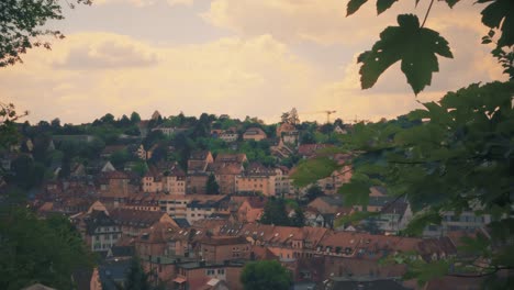 warm evening mood in the historic city of stuttgart, hillside view with lush foreground