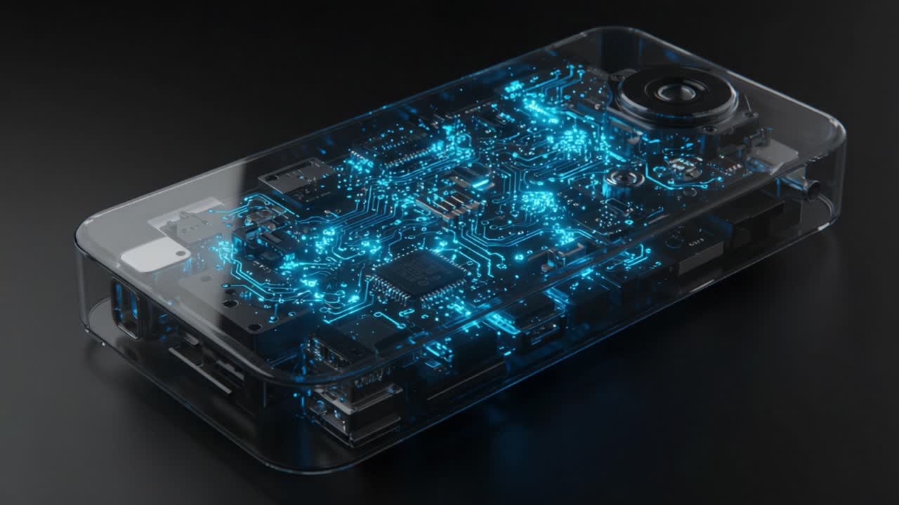 Futuristic Technology Showcase: A Transparent Device Reveal with an Intricate Circuit Board and Bright Blue LED Lights Illuminating Modern Electronics