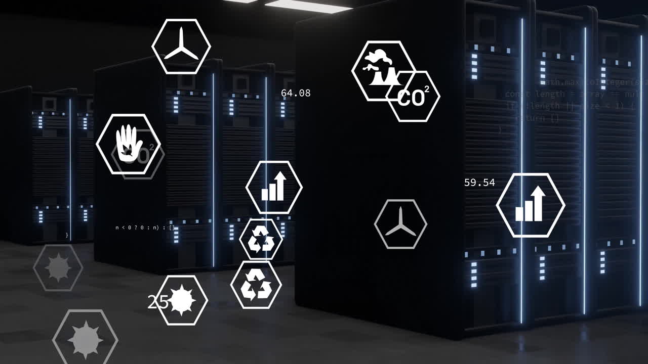 Hexagonal icons and data analytics animation over server room environment
