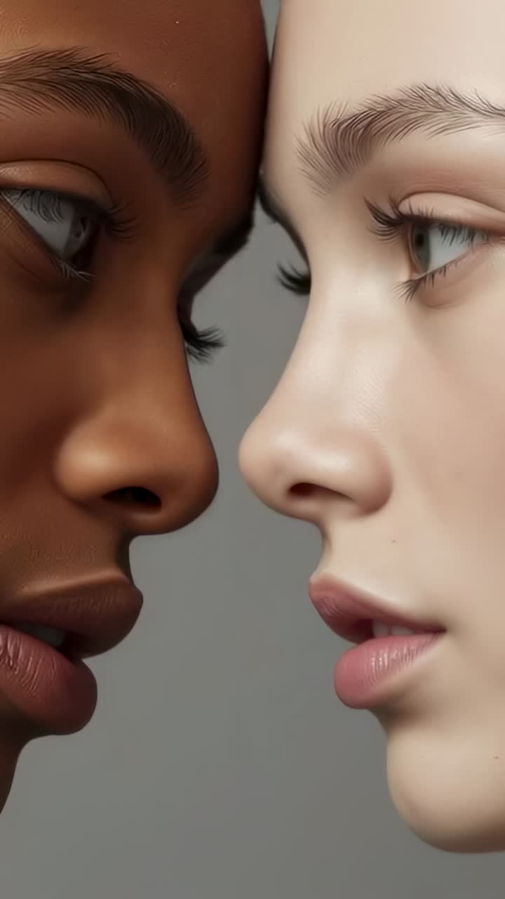 Vertical video: Holding gaze, two female faces moving closer in studio portrait, seeking contact