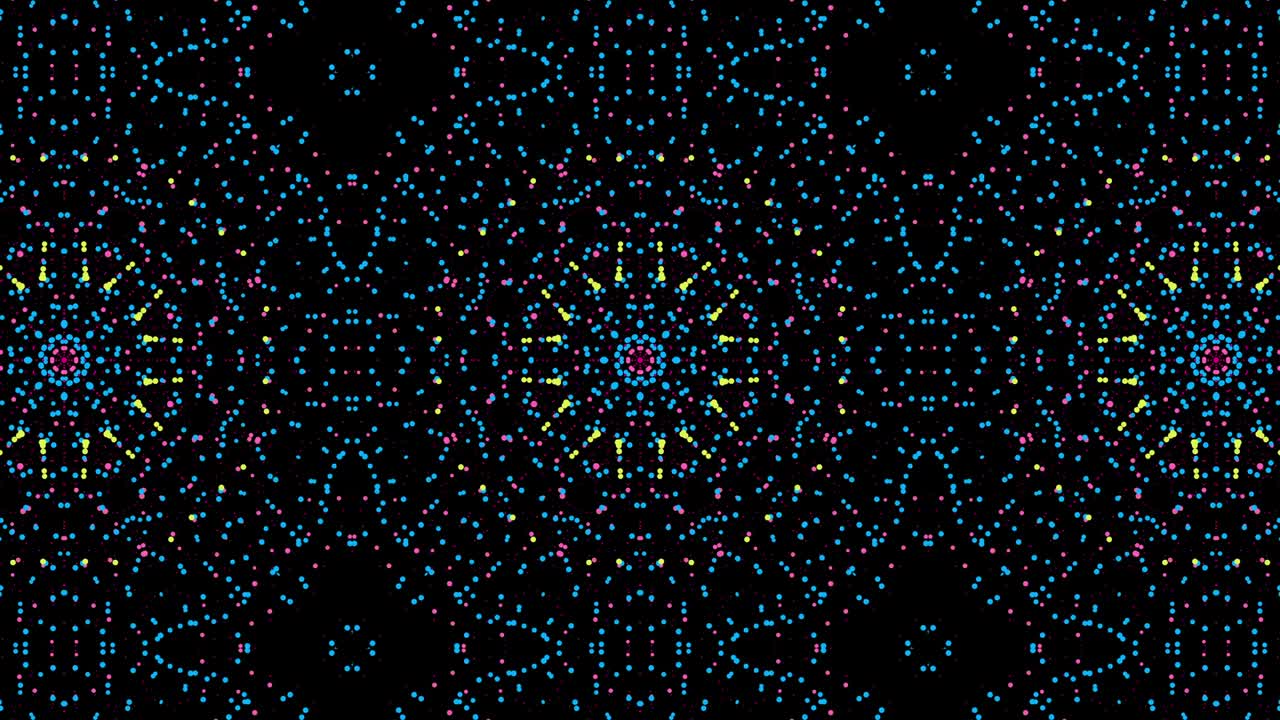Abstract seamless looped animation of digital mandala fractal. 4k multicolor floral particles grid motion graphics concept. Kaleidoscopic background for yoga, meditation, fitness, clubs etc.