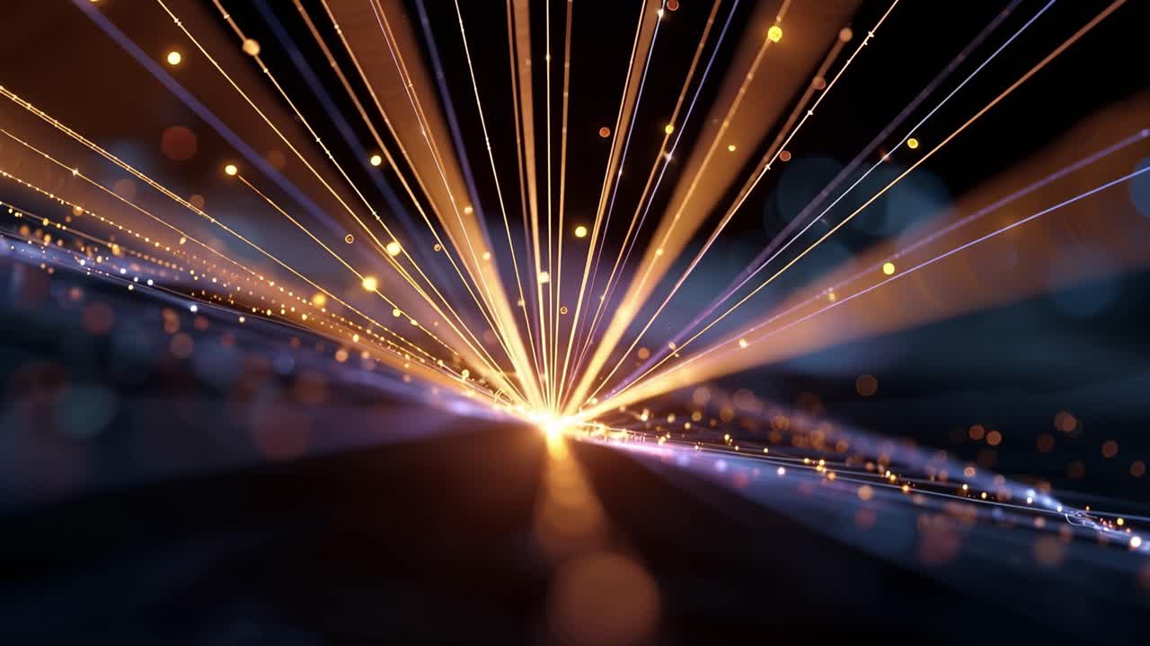 Raggi di luce digitali astratti e particelle che si diffondono