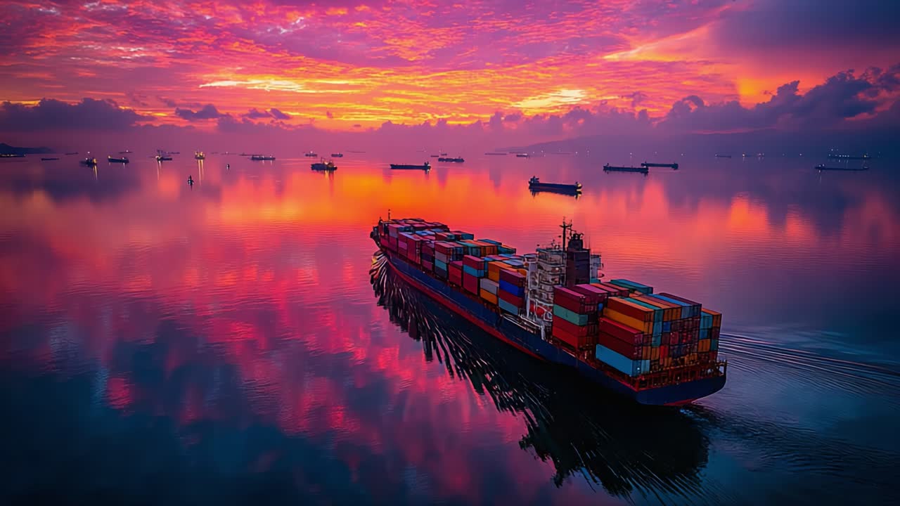 A Majestic Freight Vessel Navigates Through Tranquil Waters Amidst a Stunning Sunset, Reflecting Vivid Colors on the Serene Surface of the Ocean