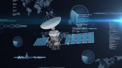 animación de iconos digitales y procesamiento de datos en el mapa del mundo y el satélite