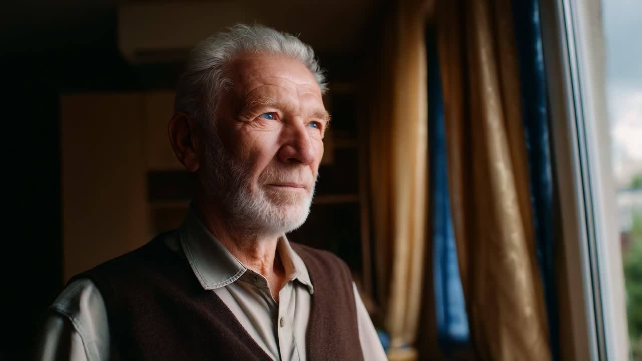A Thoughtful Elderly Man Gazing Out of a Window, Reflecting on Life's Experiences and Memories in a Cozy Indoor Setting with Natural Light